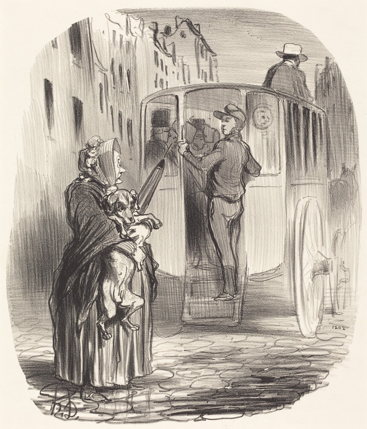 Désolé, citoyenne... je ne reçois pas de chiens... by Honoré Daumier