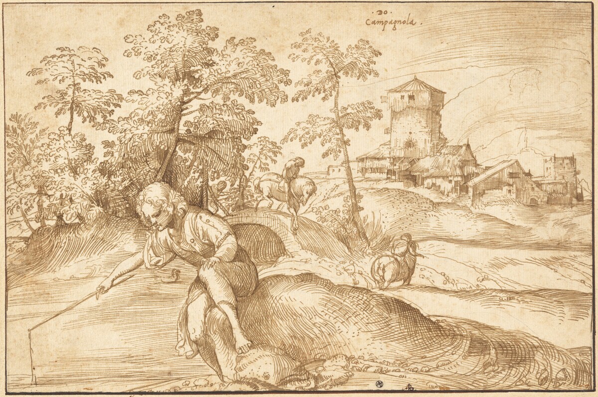 Landscape with a Boy Fishing by Domenico Campagnola