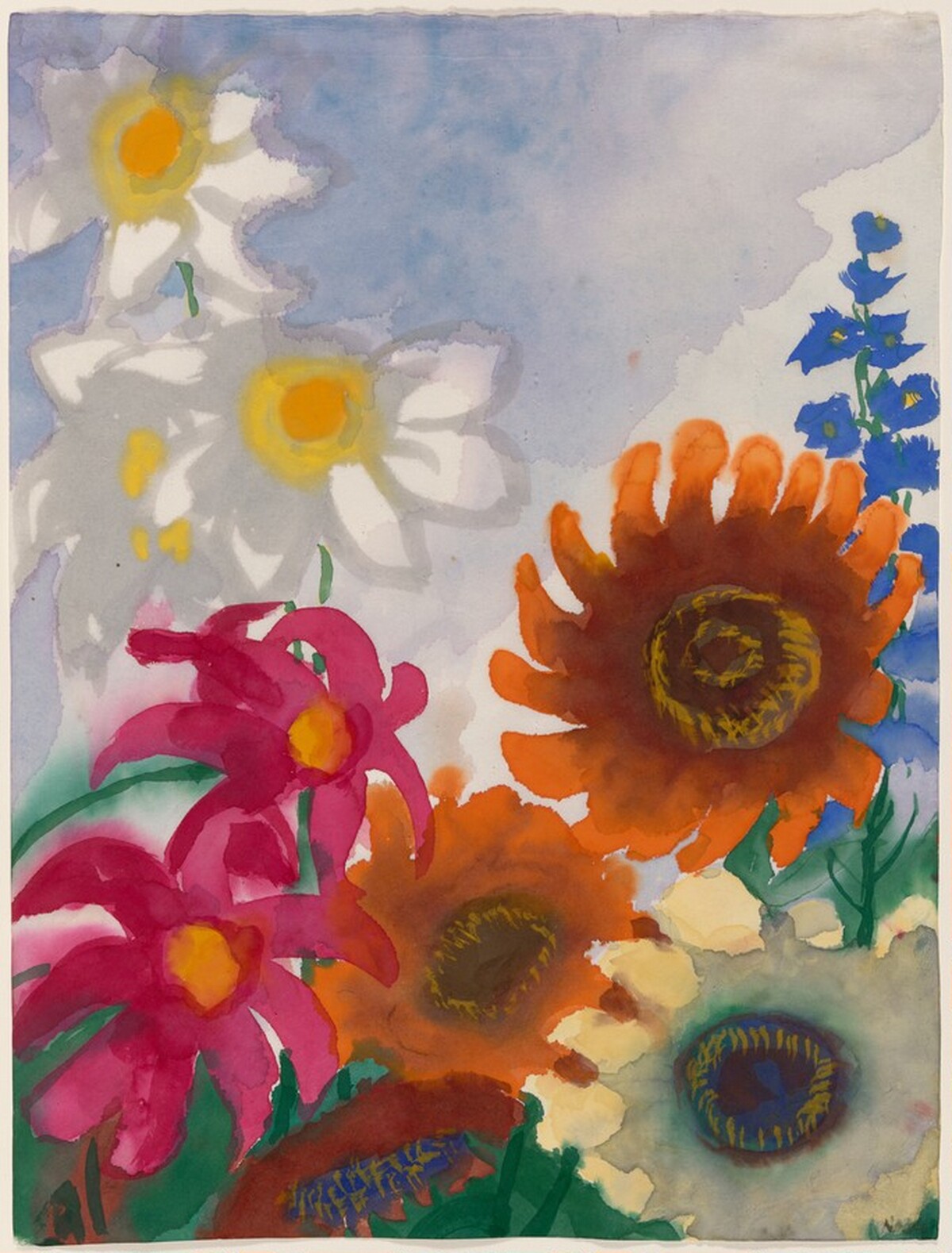 Sunflowers, Pink and White Dahlias, and a Blue Delphinium by Emil Nolde