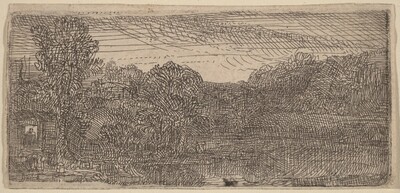 Small Gray Landscape: a House and Trees beside a Pool