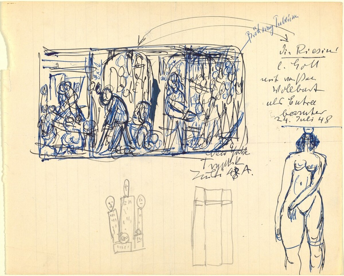 Sheet of Sketches including Triptych, Skyscrapers, and Nude Female Figure by Max Beckmann