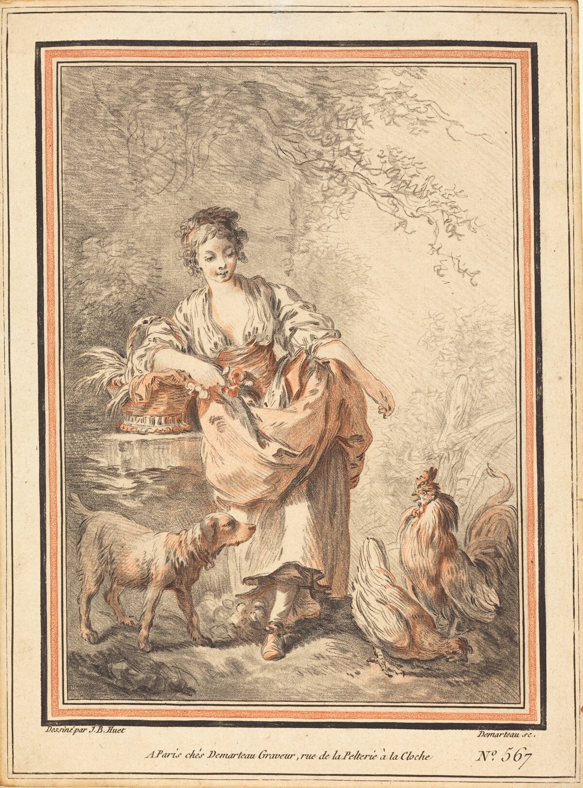 Woman Feeding Chickens by Gilles-Antoine Demarteau after Jean-Baptiste Hüet, I