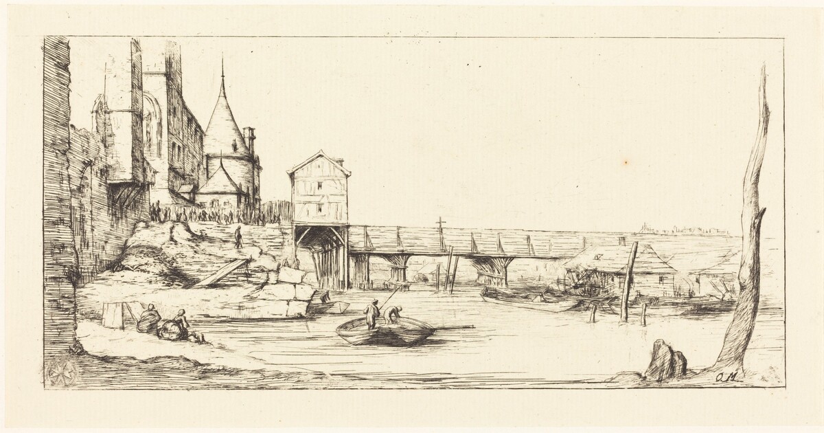 Passerelle du Pont-au-Change, Paris, après l'Incendie de 1621 (Footbridge Temporarily Replacing the Pont-au-Change, Paris, after the Fire of 1621) by Charles Meryon after Stefano Della Bella