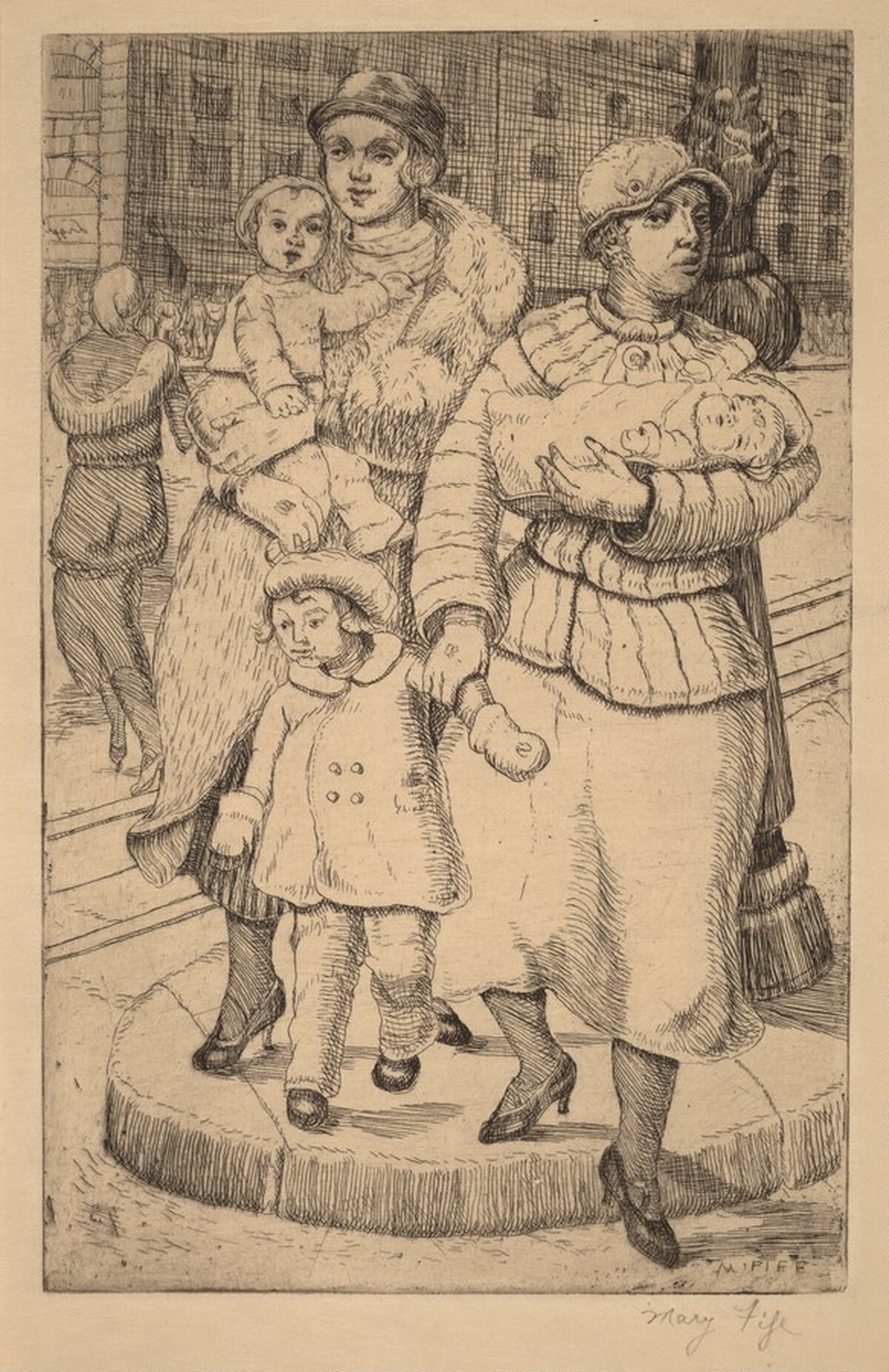 Women and Children Crossing the Street by Mary E. Fife