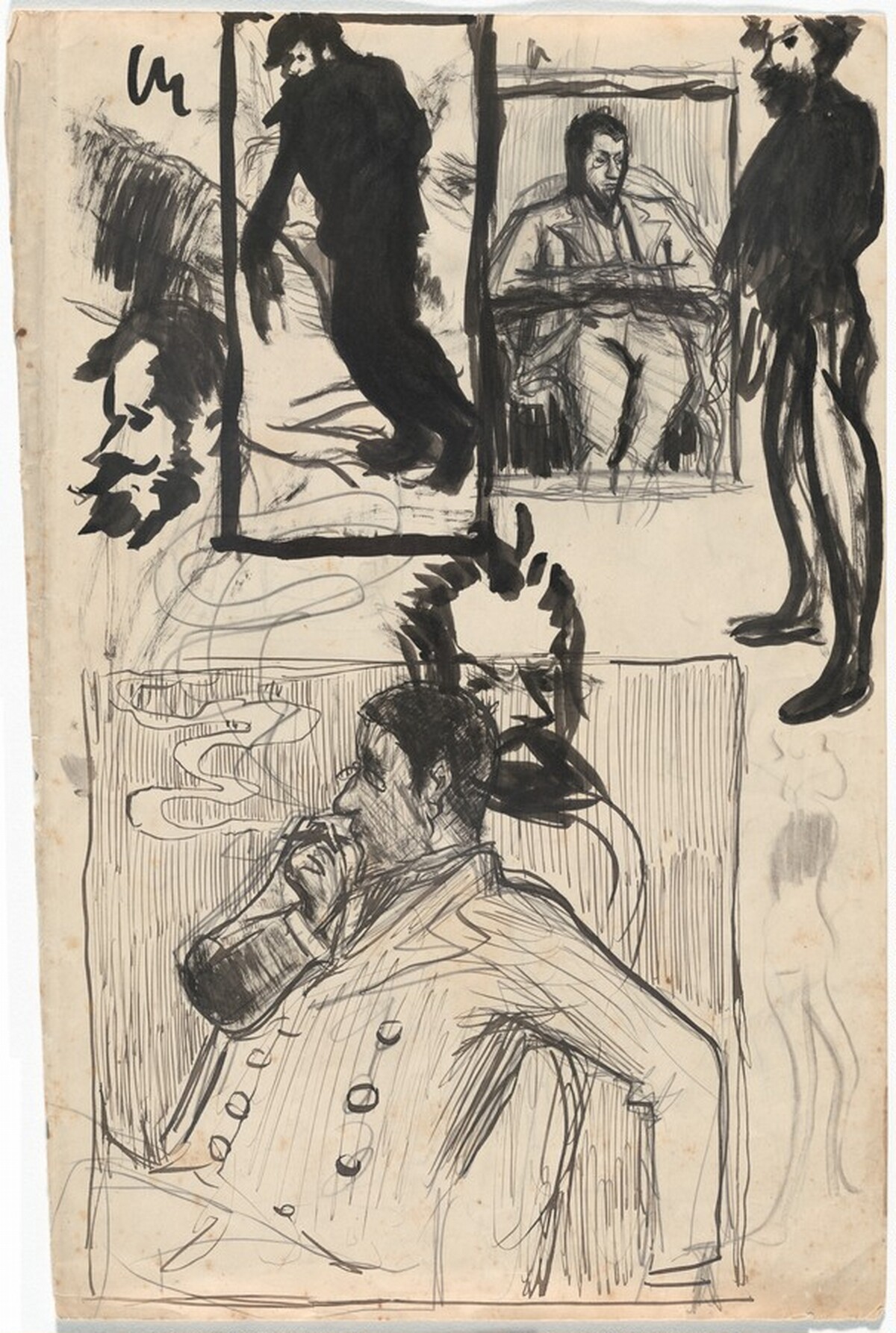 Self-Portrait Smoking and Other Studies (recto) by Pierre Bonnard