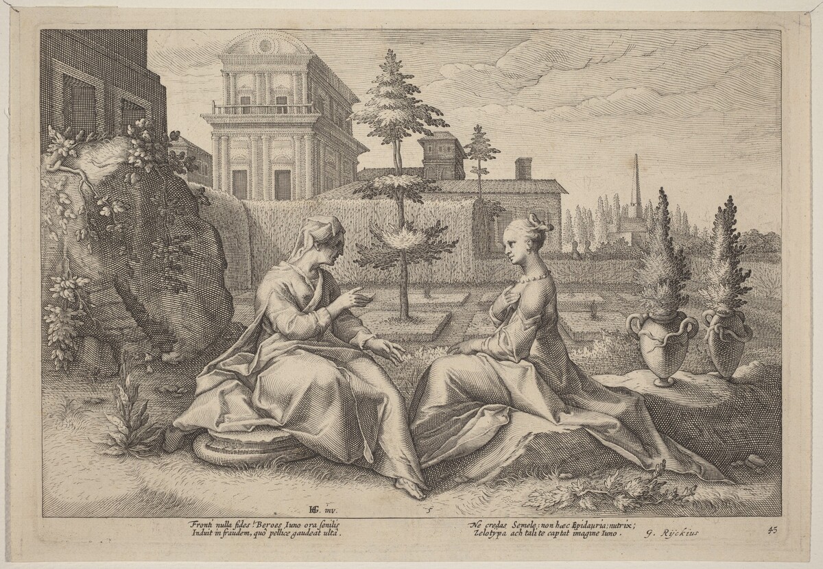 Juno in the Form of Beroe, Warning Semele by Workshop of Hendrick Goltzius, after Hendrick Goltzius