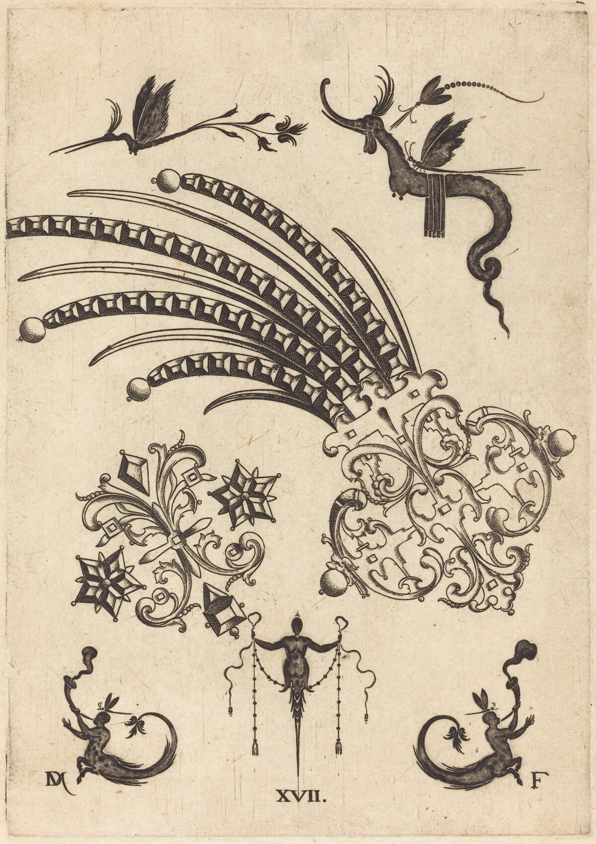 Two Brooches with Dragon and Insects at Top and Human Beings with Snake-like Tails atBottom by Daniel Mignot