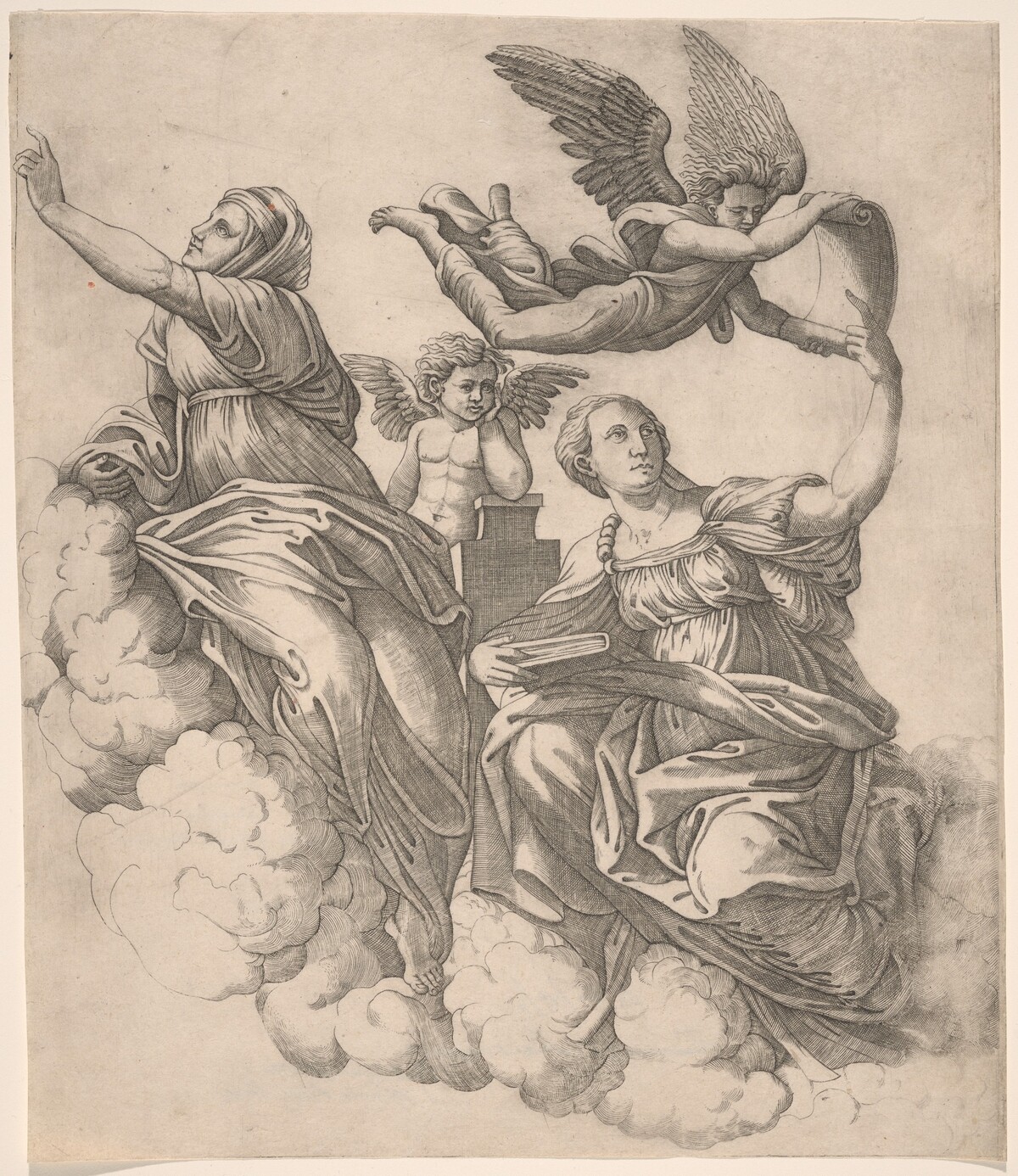 Two Sibyls and an Angel by Giovanni Antonio da Brescia, after Raphael