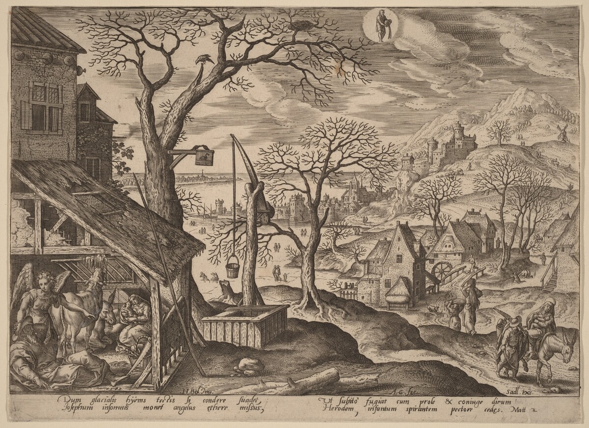 The Angel Telling Joseph to Flee and the Flight into Egypt by Adriaen Collaert after Hans Bol