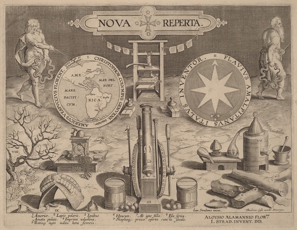 Title Page for Nova Reperta (New Discoveries) by Attributed to Hans Collaert the Younger after Jan van der Straet