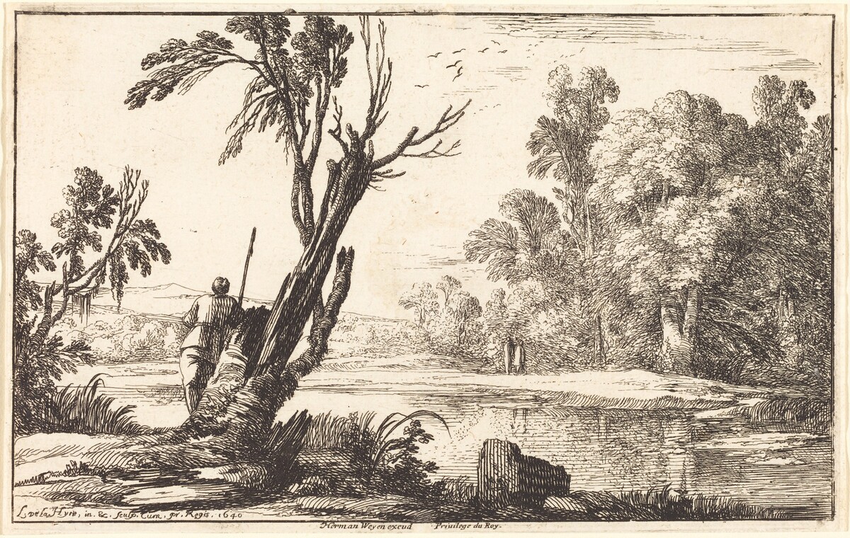 A Man Gazing across a Still Pond by Laurent de La Hyre