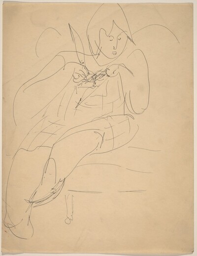 Seated Female on Couch Knitting (?)