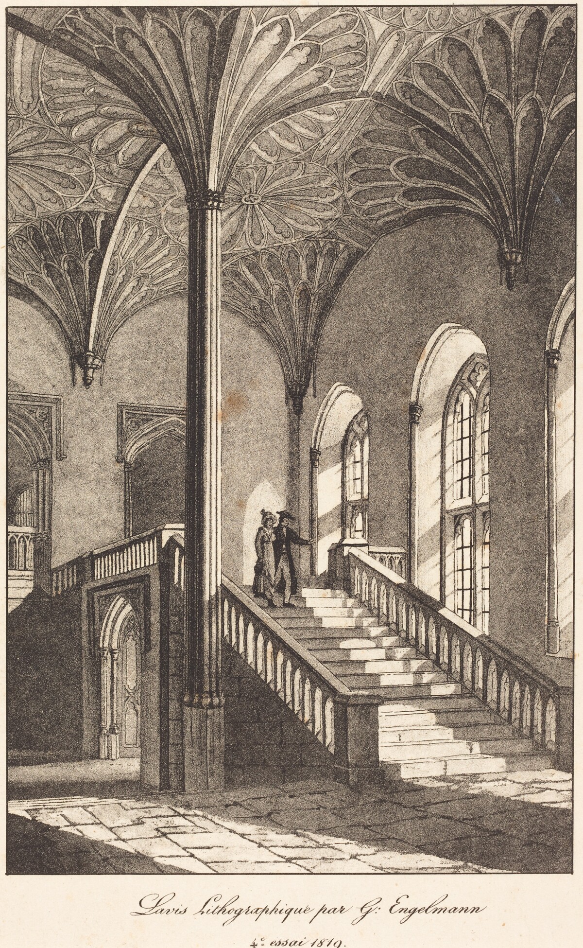 Man and Woman Descending Staircase by Gottfried Engelmann