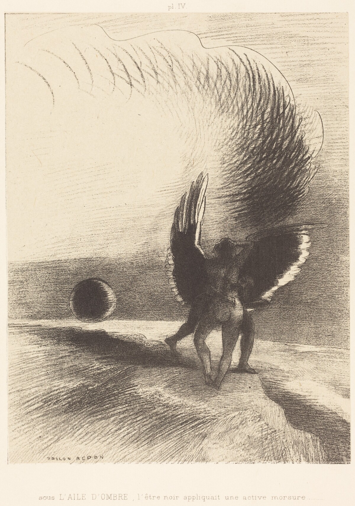 Sous l'aile d'ombre, l'etre noir appliquait une active morsure (Beneath the wing of shadow the black creature was biting energetically) by Odilon Redon