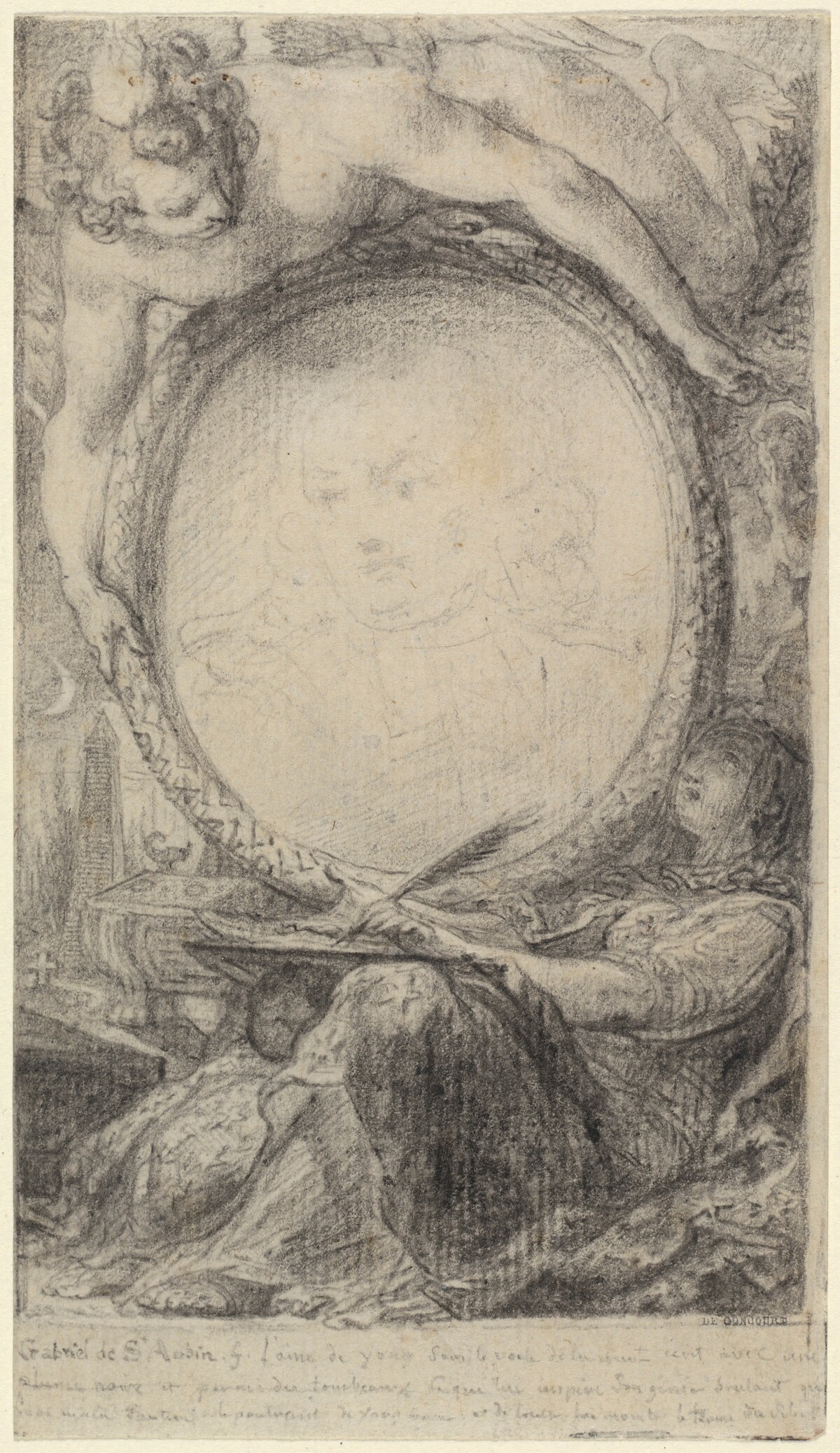 Allegorical Frame with a Genius and a Veiled Woman Writing by Gabriel Jacques de Saint-Aubin