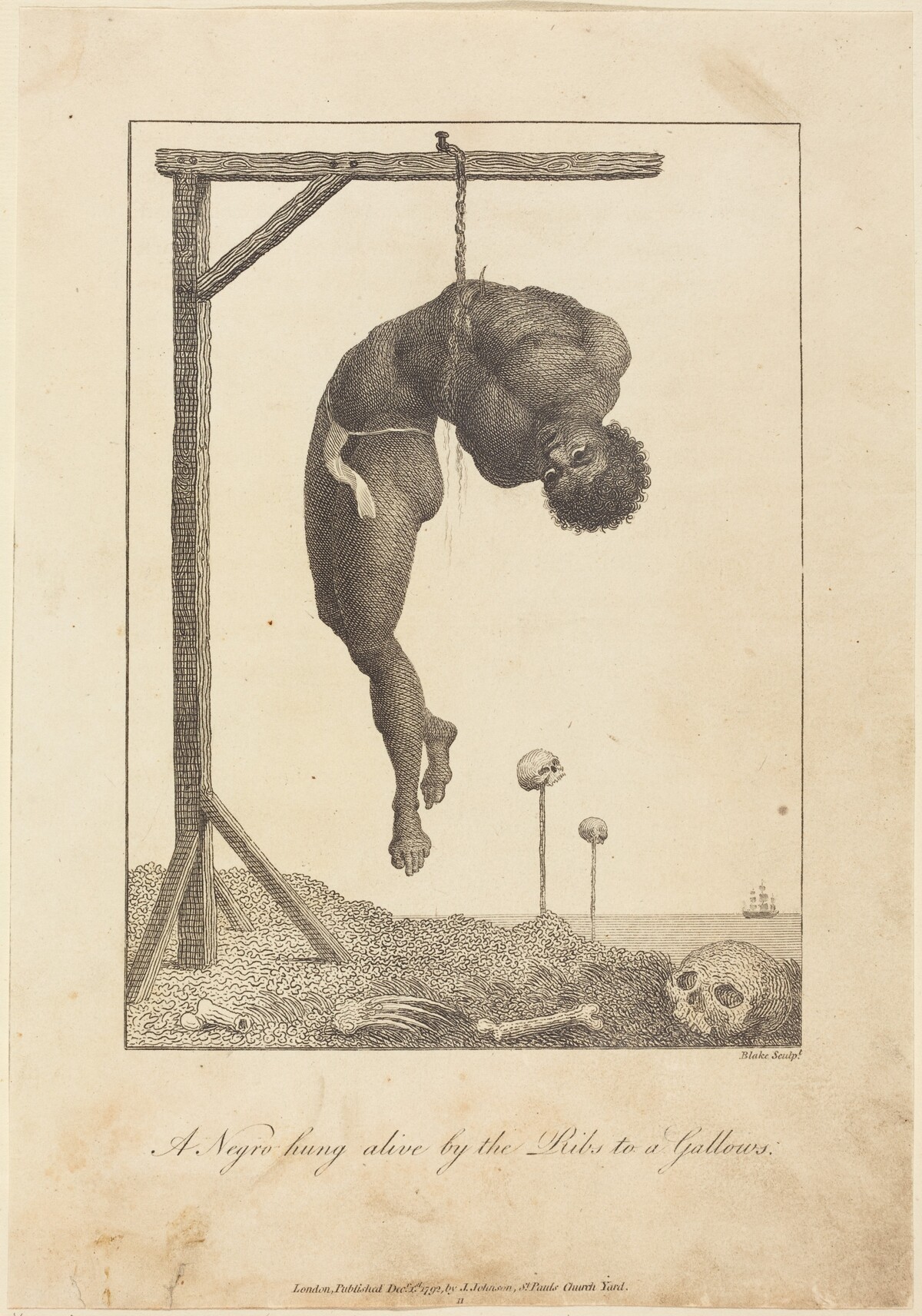 A Negro hung alive by the Ribs to a Gallows by William Blake after John Gabriel Stedman