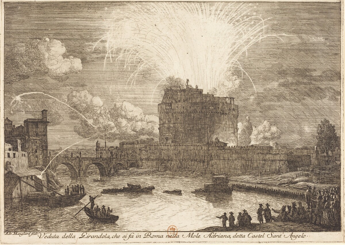 Veduta della Girandola a Castel Sant'Angelo (Fireworks Display over the Castle Sant'Angelo) by Adrien Manglard
