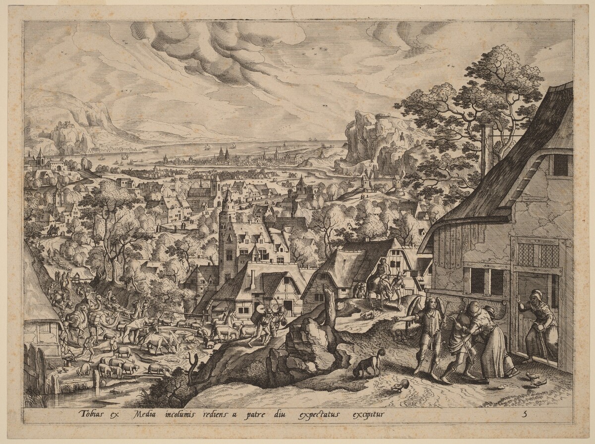 The Homecoming of Tobias by Johannes van Doetechum the Elder and Lucas van Doetechum, after Hans Bol
