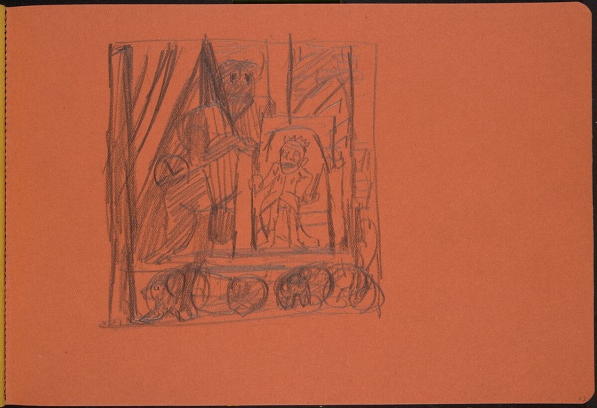 Zwergenkönig und Riese auf einer Bühne (Dwarf King and Giant on a Stage) [p. 13] by Max Beckmann