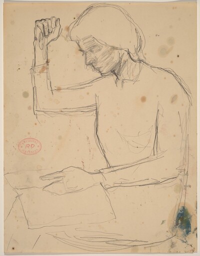 Untitled [seated woman raising her right arm while looking at a book]