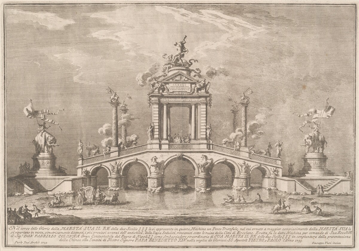 The Prima Macchina for the Chinea of 1755: A Triumphal Bridge with Antiquities from Herculaneum by Giuseppe Vasi after Paolo Posi (architect)