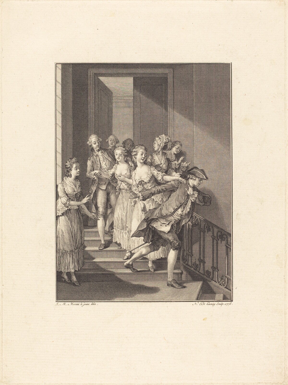 Saint-Preux sort de chez des femmes du monde by Nicolas Delaunay after Jean-Michel Moreau