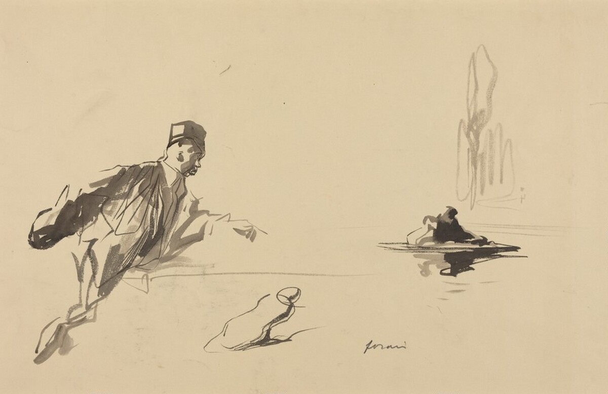 a) Man Pointing to an Island (recto); b) Man Looking at His Watch (verso) by Jean-Louis Forain