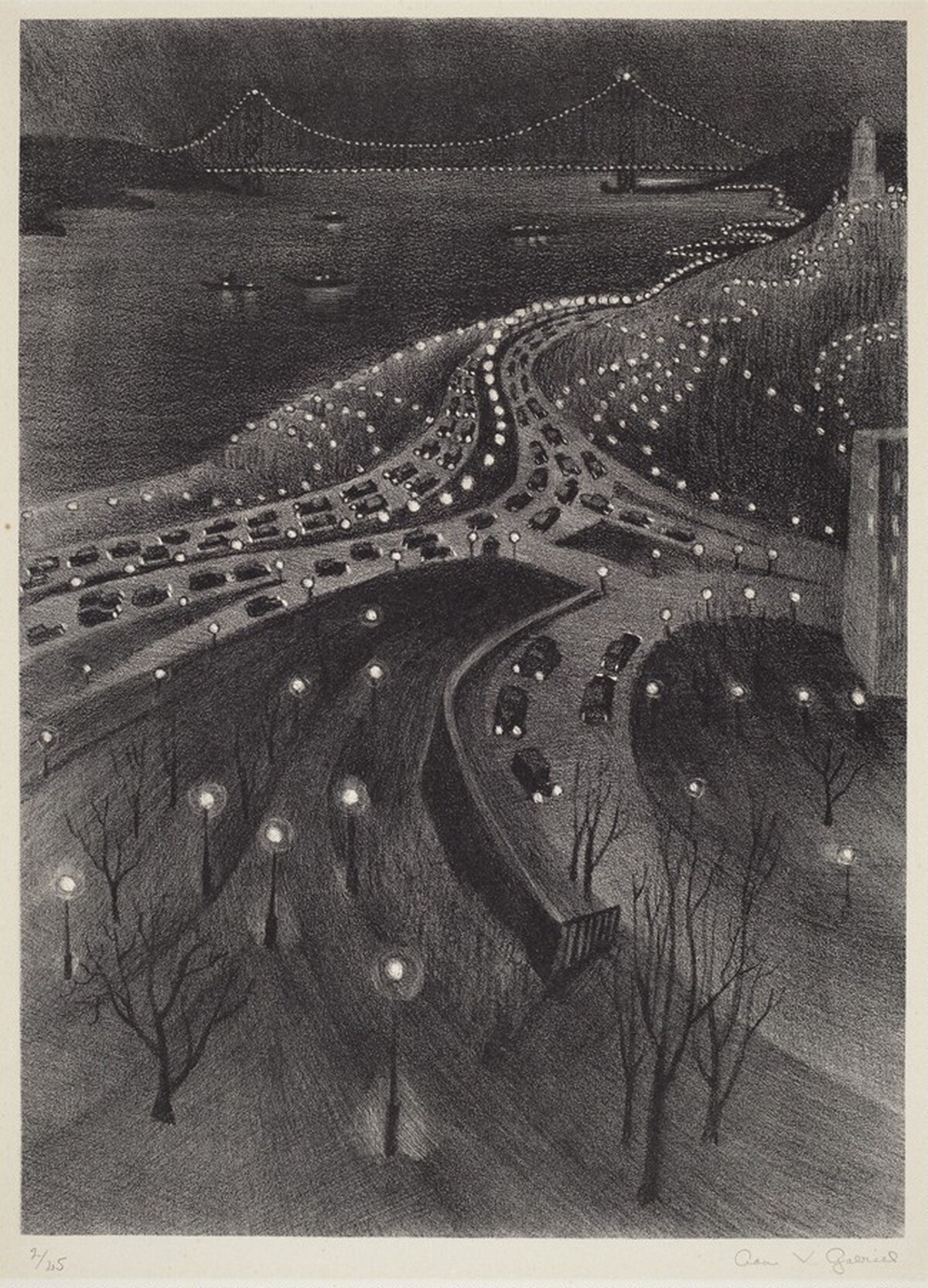 Untitled (nocturne scene of West Side Highway with George Washington Bridge) by Ada Vorhaus Gabriel