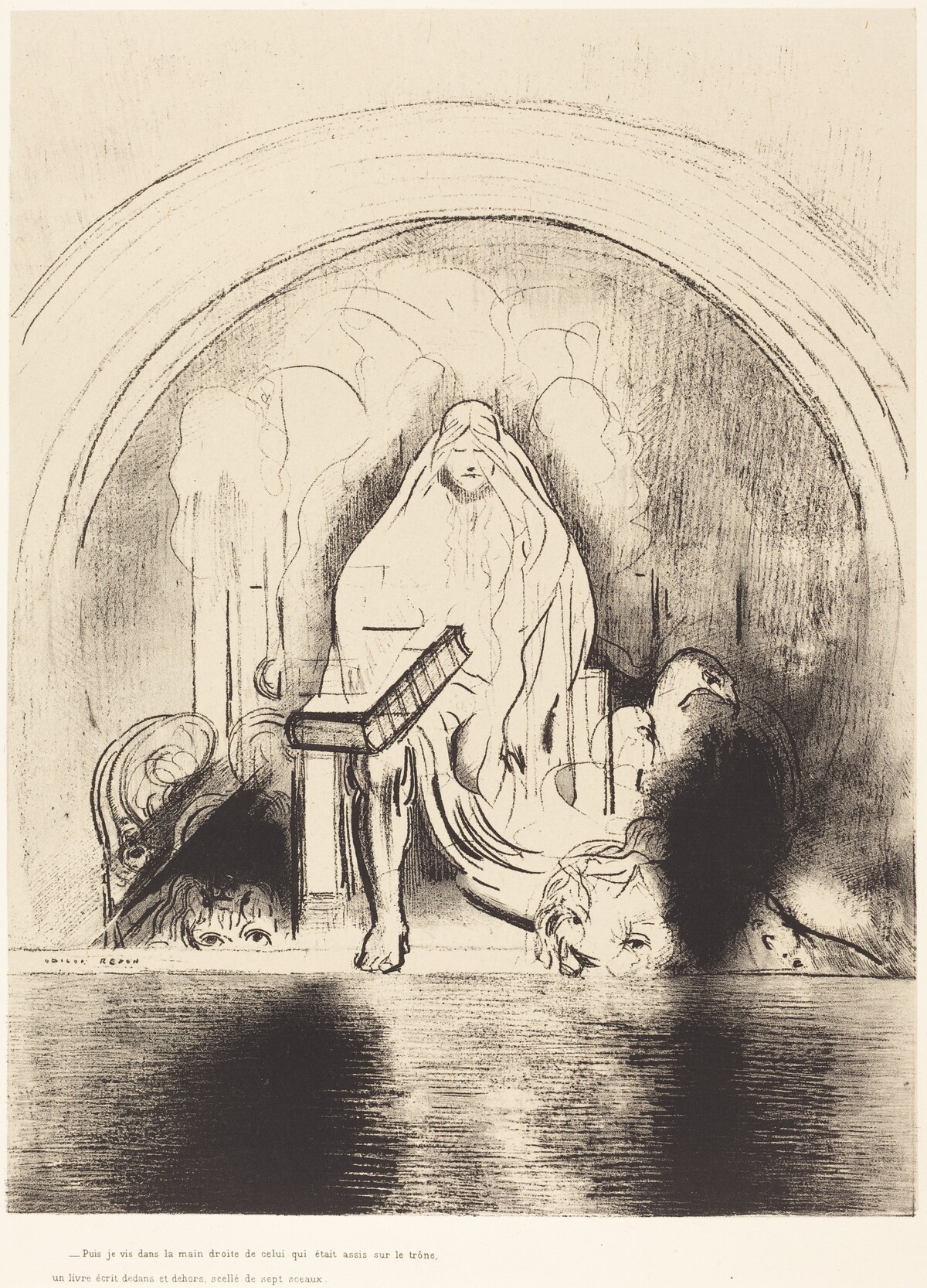 Puis je vis, dans la main droite de celui quietait assis sur le trone, un livre ecritdedans et dehors, scelle de sept sceaux (And I saw in the right hand of him that sat on the throne a book written within and on the backside, sealed with seven seals ) by Odilon Redon