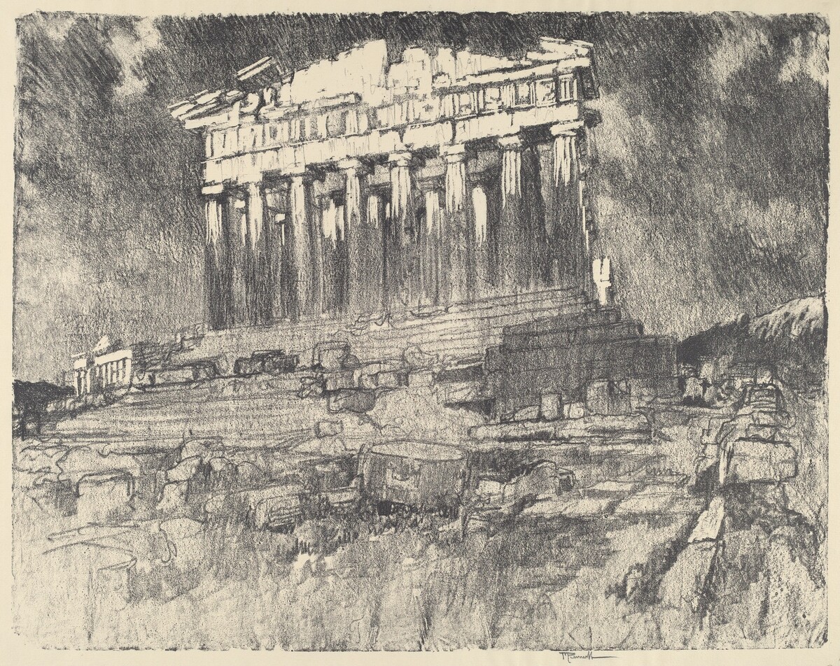The Facade of the Parthenon, Sunset by Joseph Pennell
