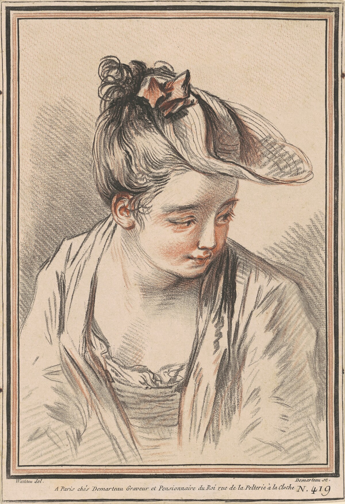 Head of a Young Woman Wearing a Hat by Gilles Demarteau the Elder after Antoine Watteau