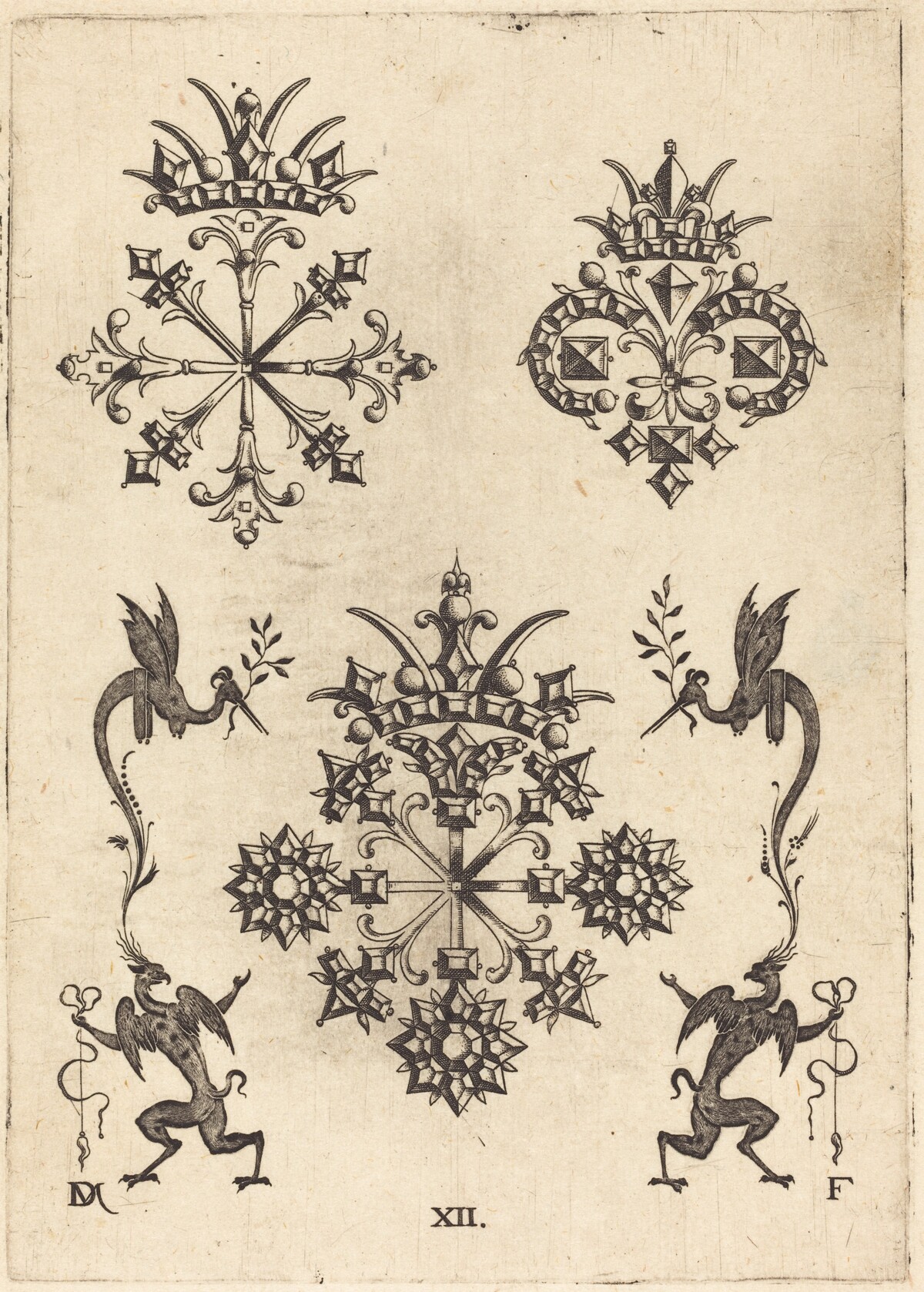 Three Brooches with Winged Snakes at Left  and Right and Winged Griffins at Bottom by Daniel Mignot