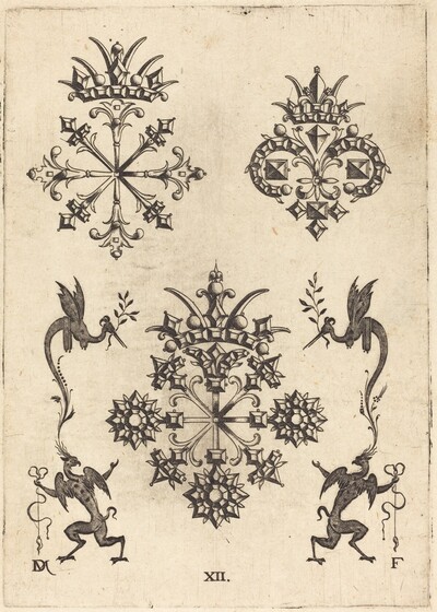 Three Brooches with Winged Snakes at Left  and Right and Winged Griffins at Bottom