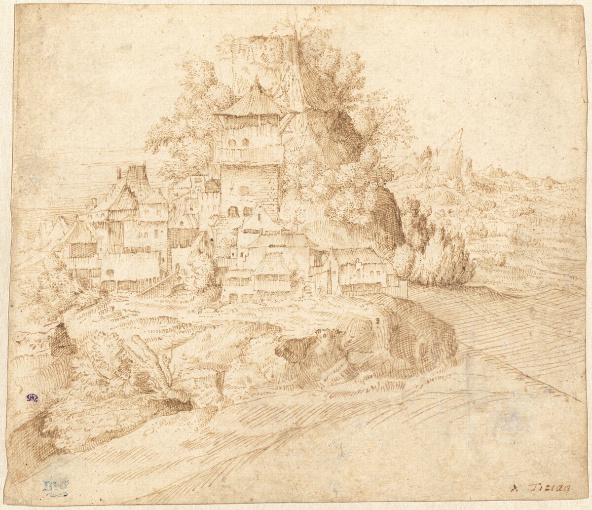 A Village Nestled at the Foot of a Hill (recto) by Circle of Giorgione (Giulio Campagnola?)