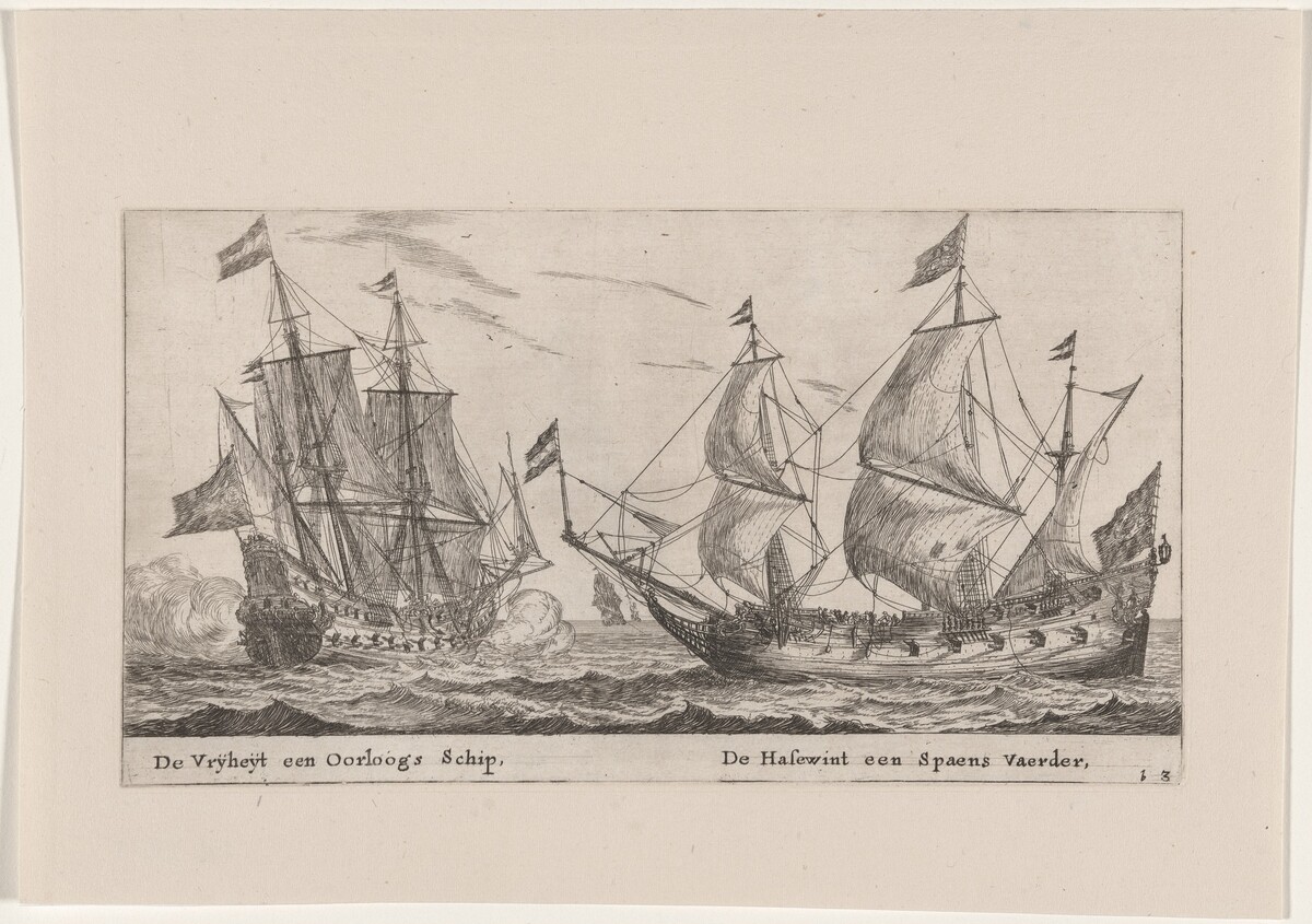 The "Vrijheijt," a Man-of-War and the "Hazewind," a Merchantman for Spain by Reinier Nooms, called Zeeman