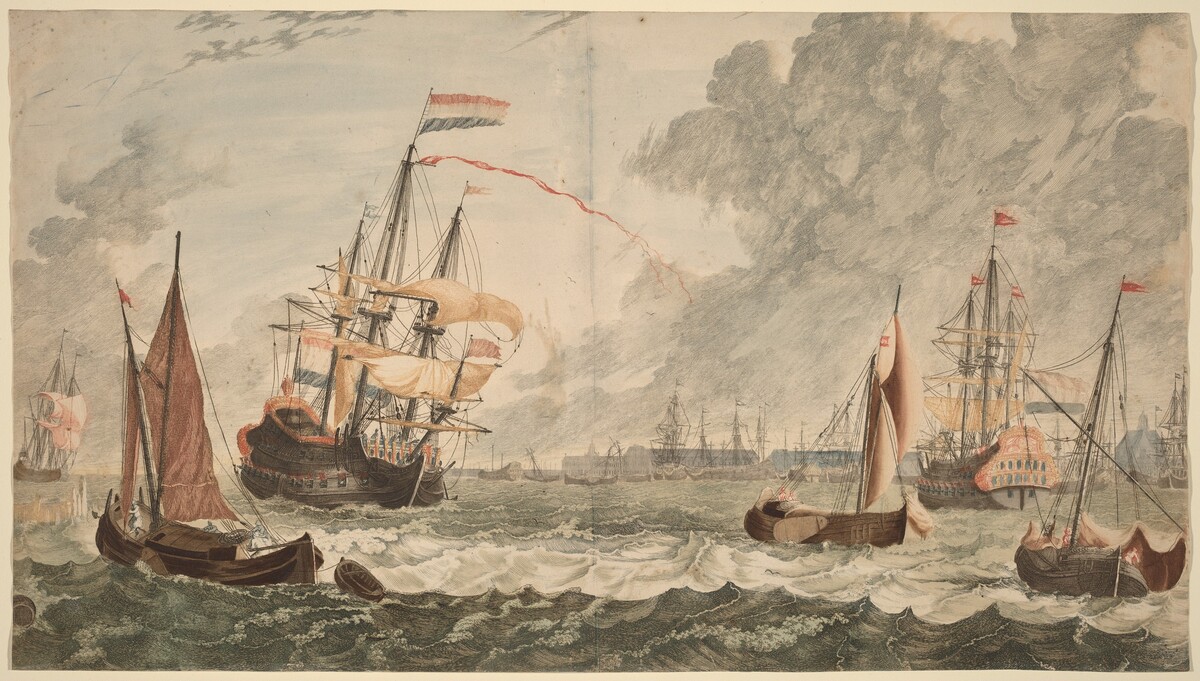 Amsterdam, Ships at the IJ on Choppy Waters by Workshop of Johann Teyler, after Johannes van den Aveele (formerly after Jan van Call)
