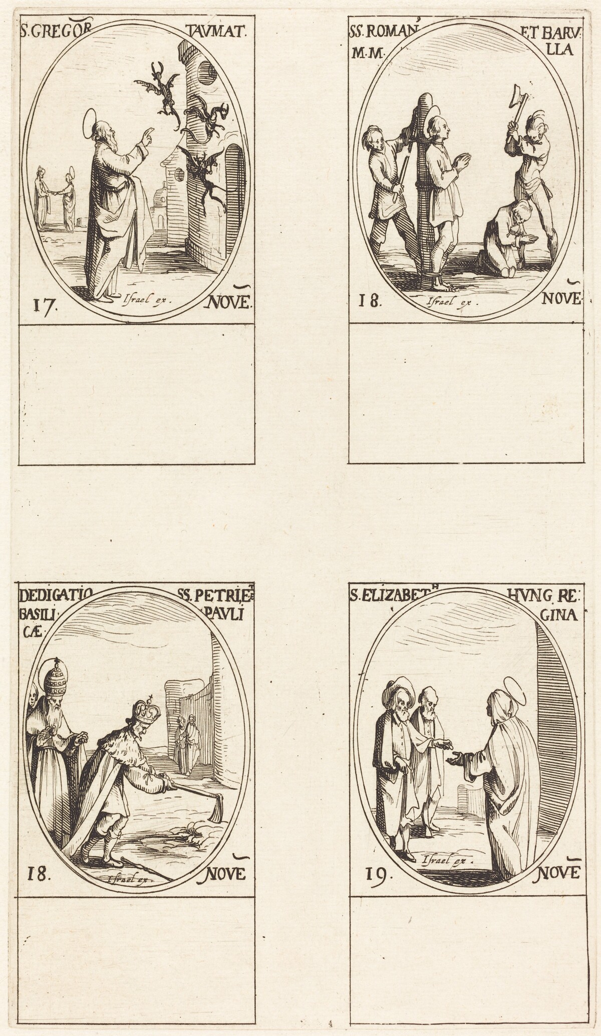 St. Gregory; Sts. Romanus & Barulla; Dedication of the Basilicas of Sts. Peter & Paul; St. Elizabeth by Jacques Callot