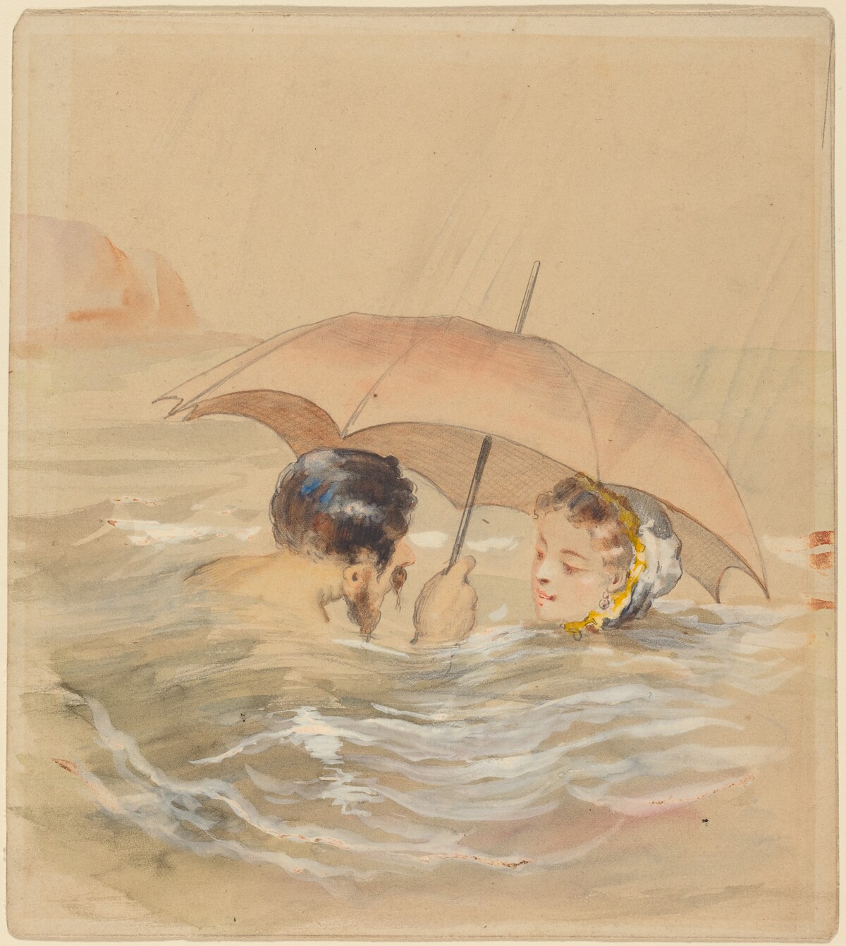 Male and Female Bathers with Umbrella by Alfred Grévin