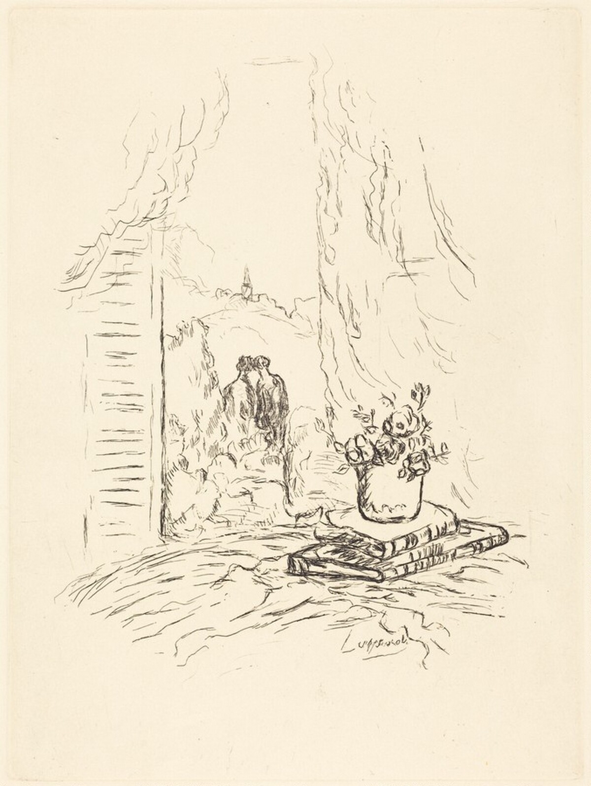 Vase of Flowers on Books with Two Figures Seen Through a Window by Pierre Laprade