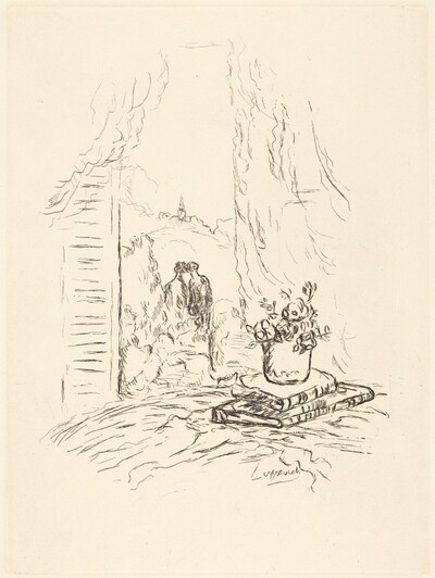 Vase of Flowers on Books with Two Figures Seen Through a Window