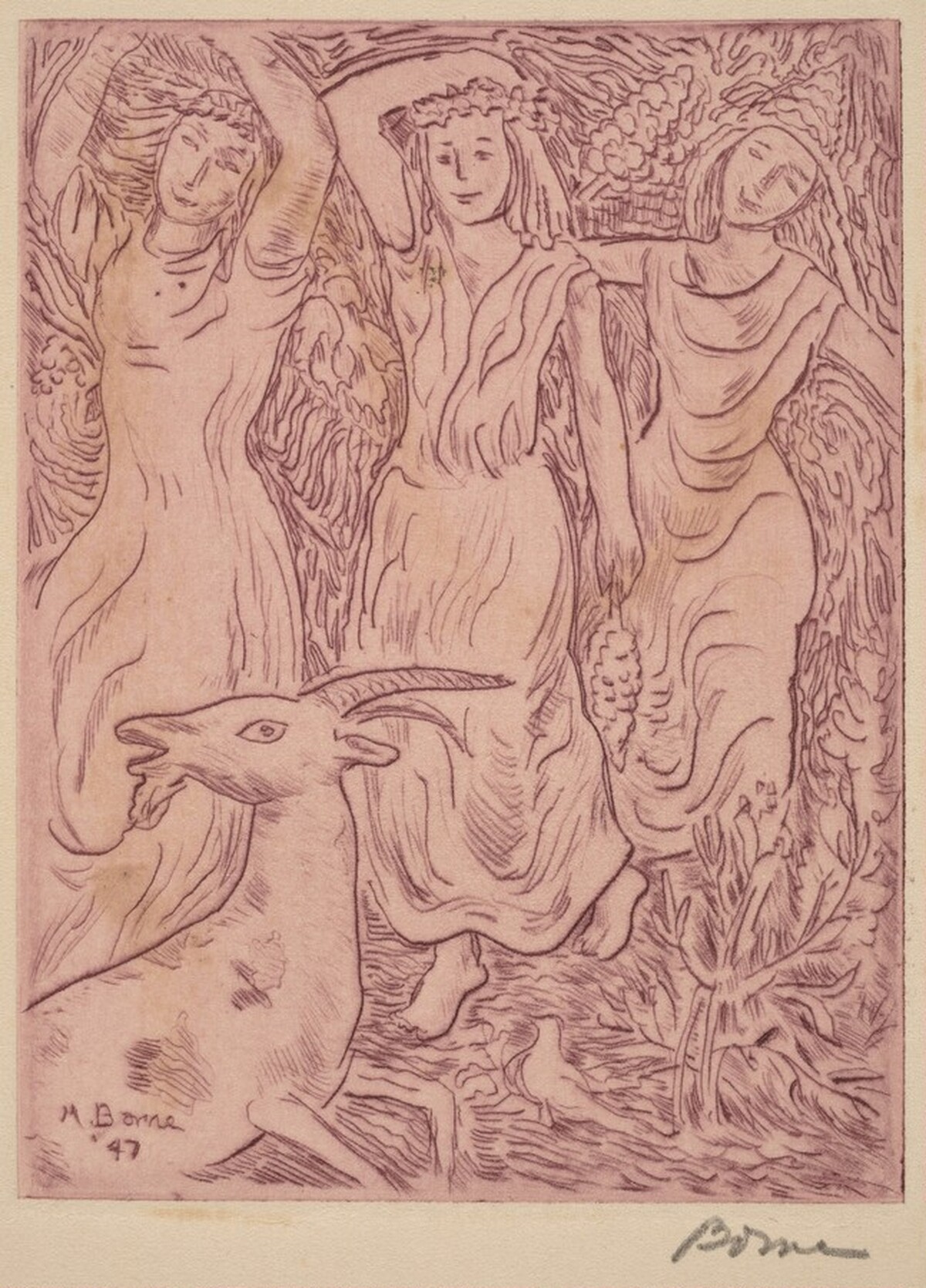 Three Dancing Girls with a Goat by Mortimer Borne