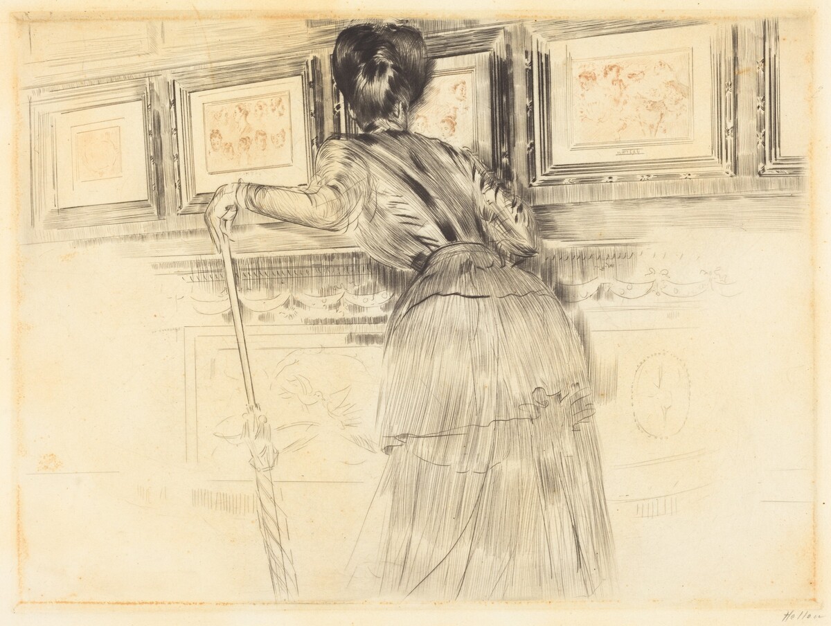 In Front of the Watteaus in the Louvre by Paul-César Helleu