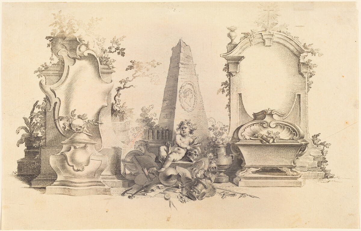Cartouche Moderne with Emblems of Death by Johann Esaias Nilson