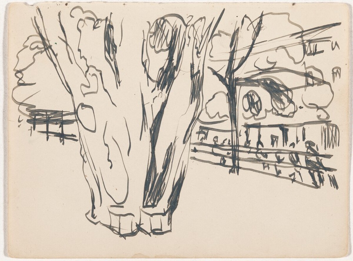 Untitled [Large Tree Trunk with Segment of Street in Background] by Edvard Munch