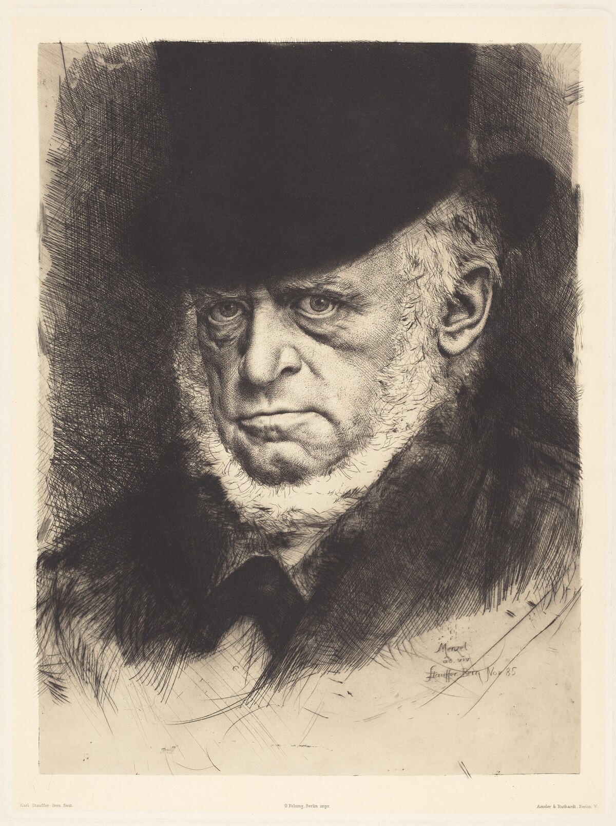 Adolph Menzel Wearing a Top Hat by Karl Stauffer-Bern