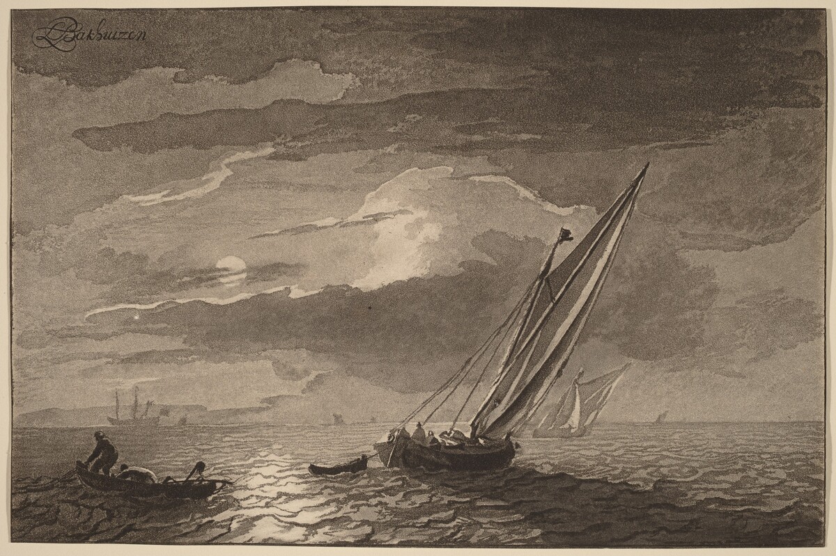 Seascape with Full Moon by Cornelis Ploos van Amstel (editor) and Cornelis Brouwer (printmaker), after Ludolf Backhuysen
