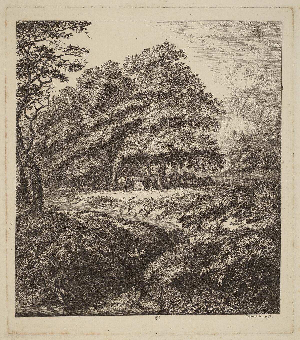 Cattle Resting in a Grove with a Man Seated beside a Brook by Salomon Gessner