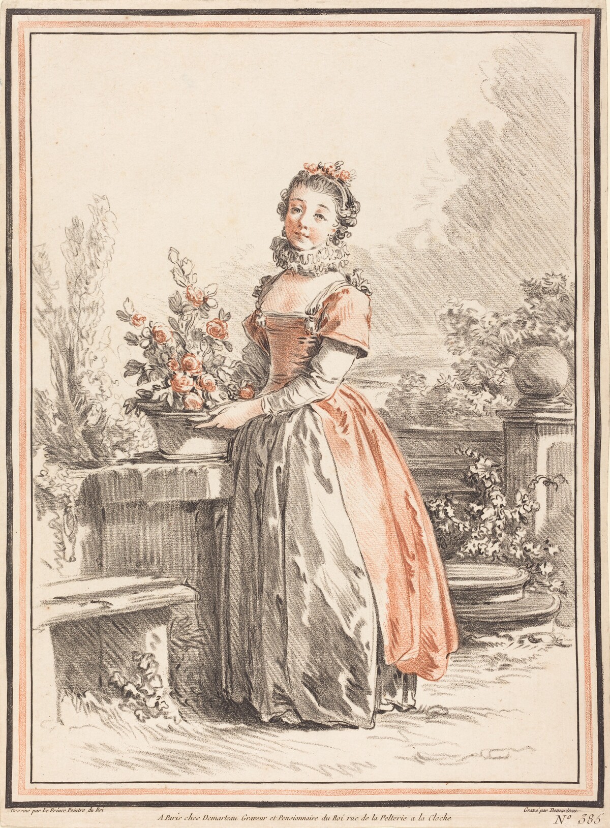 A Young Woman Standing in a Park by Gilles-Antoine Demarteau after Jean-Baptiste Le Prince