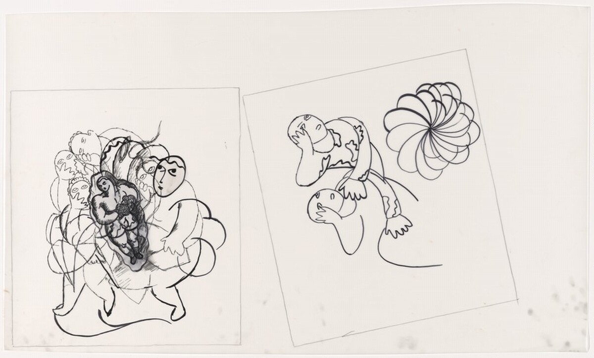 Drawing for "Surprising Novel: Chapter Three" and unidentified image by Sandro Chia