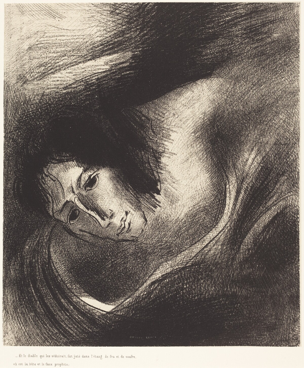 Et le diable qui les seduisait, fut jete dans l'etang de feu et de soufre, ou es la b ete et le faux prophete (And the devil thatdeceived them was cast into the lake of fire and  brimstone, where the beast and the false prophet are) by Odilon Redon